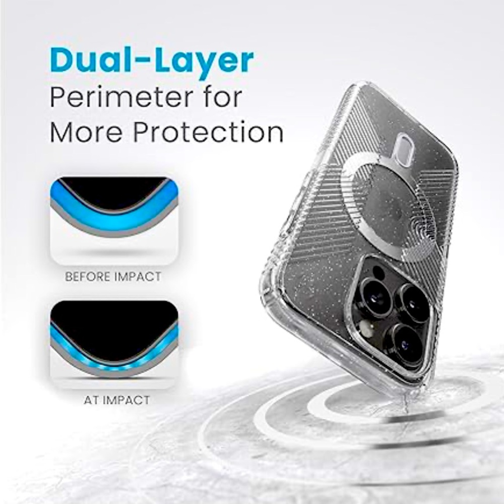 New! Speck iPhone 15 PRO Case w/Textured Grip -Built for MagSafe in ClearGlitter